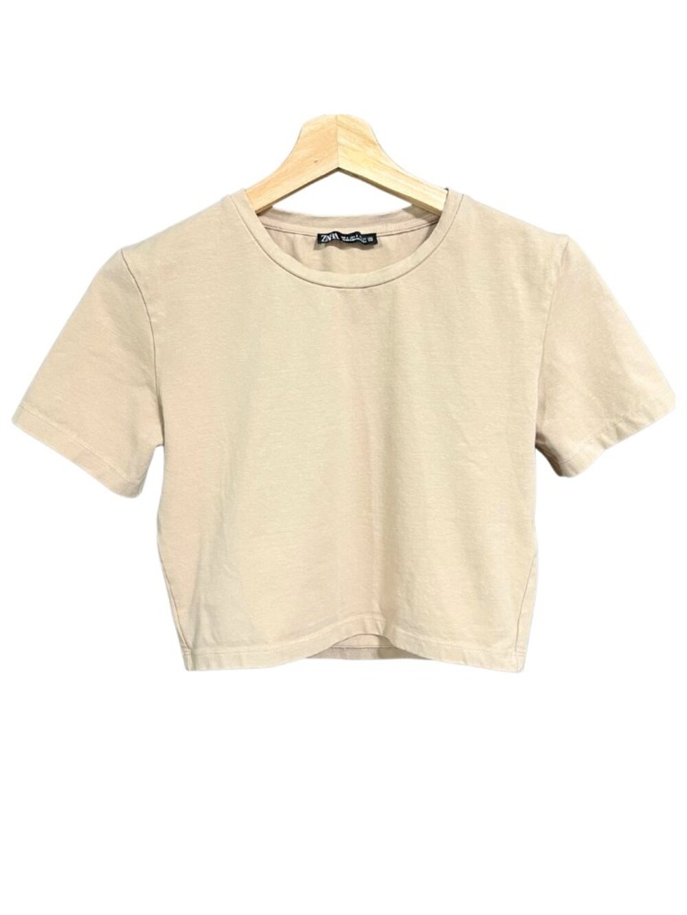 Zara Beige Cropped Fitted Stretch Crew-Neck T-Shirt – S